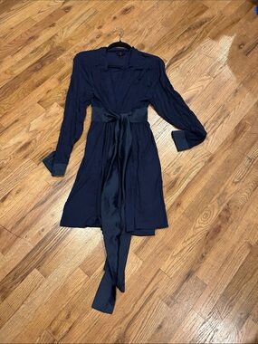 Womens Navy Satin-Trim Robe with Waist Tie